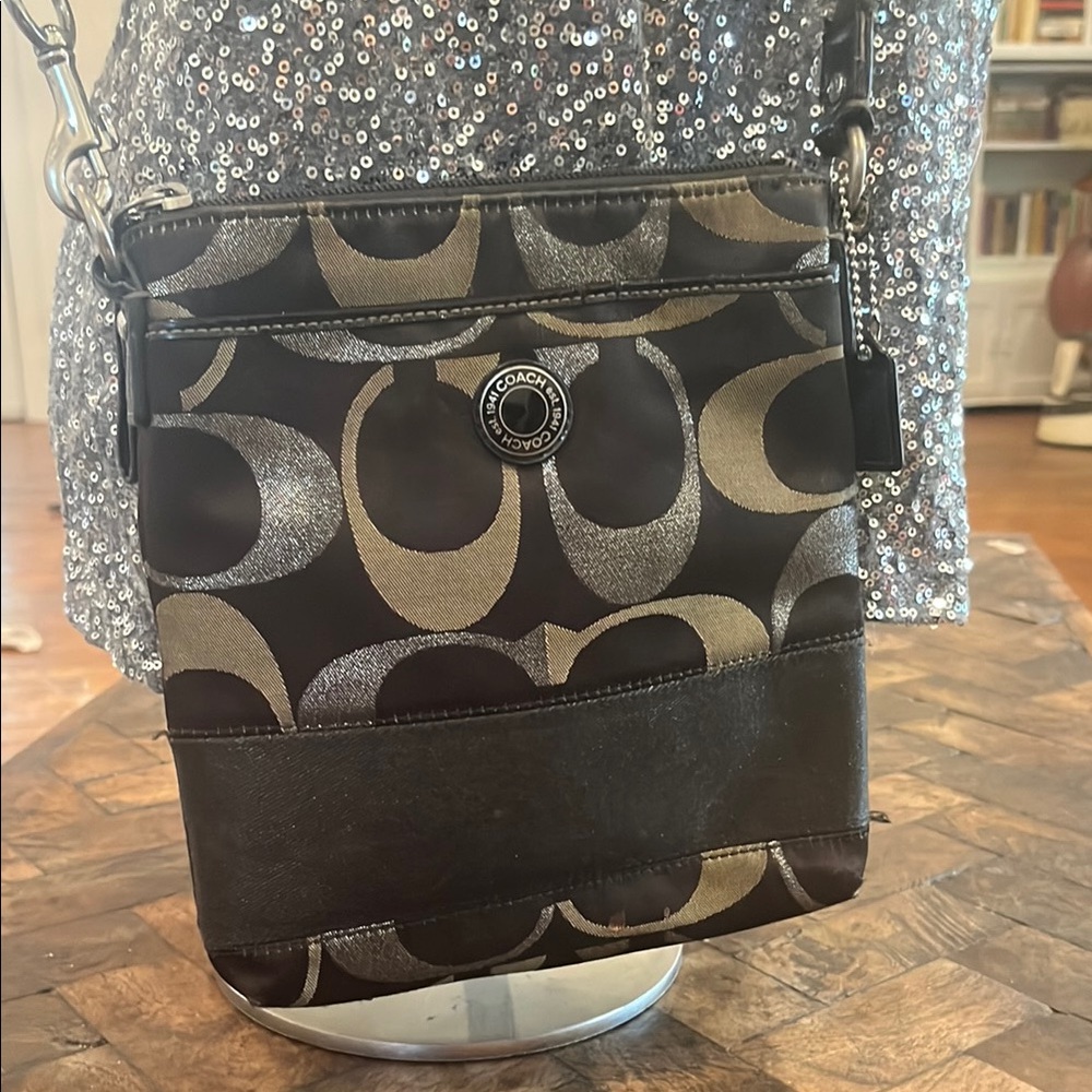 Coach Black Silver and Gold Signature Crossbody Bag